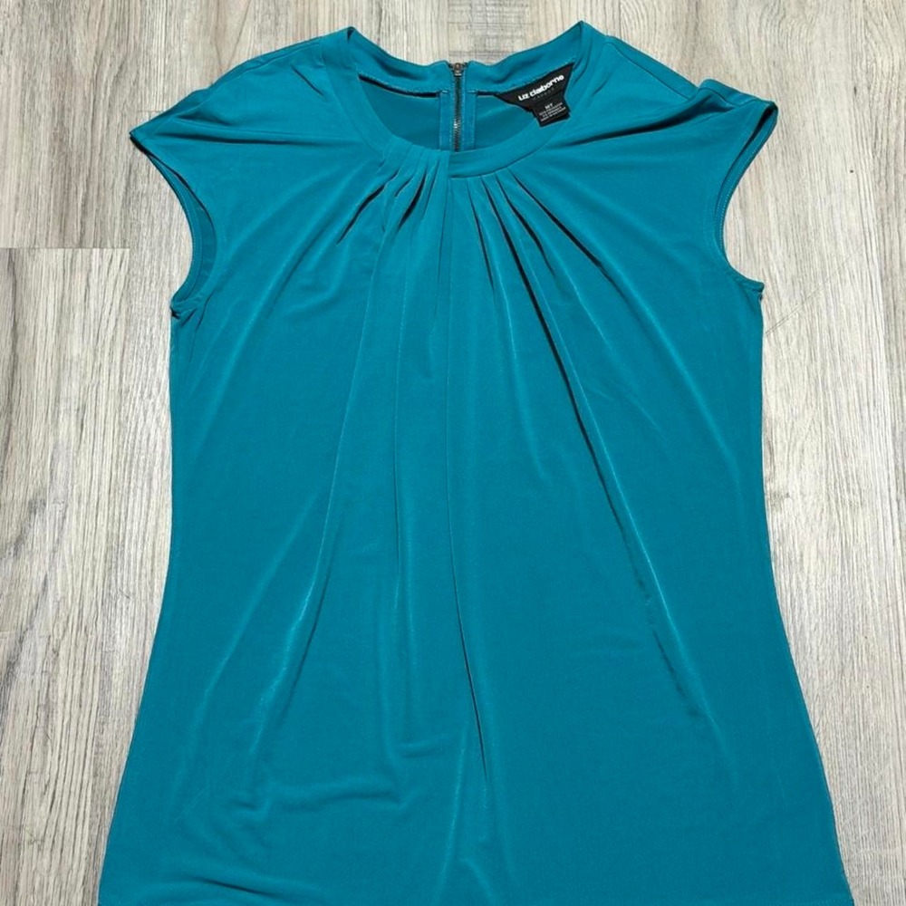 Liz Claiborne Teal Pleated Zip Back Blouse Women Size M